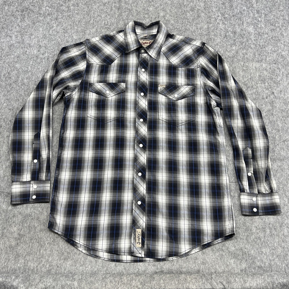 Rafter C Cowboy Collection Shirt Mens Medium Black Gray Plaid Pearl Snap Western